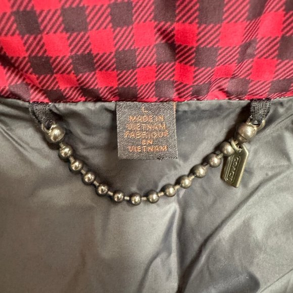 Women COACH Gingham Check Short Down Puffer Coat Jacket - Red/Black - Size Large - Picture 10 of 15